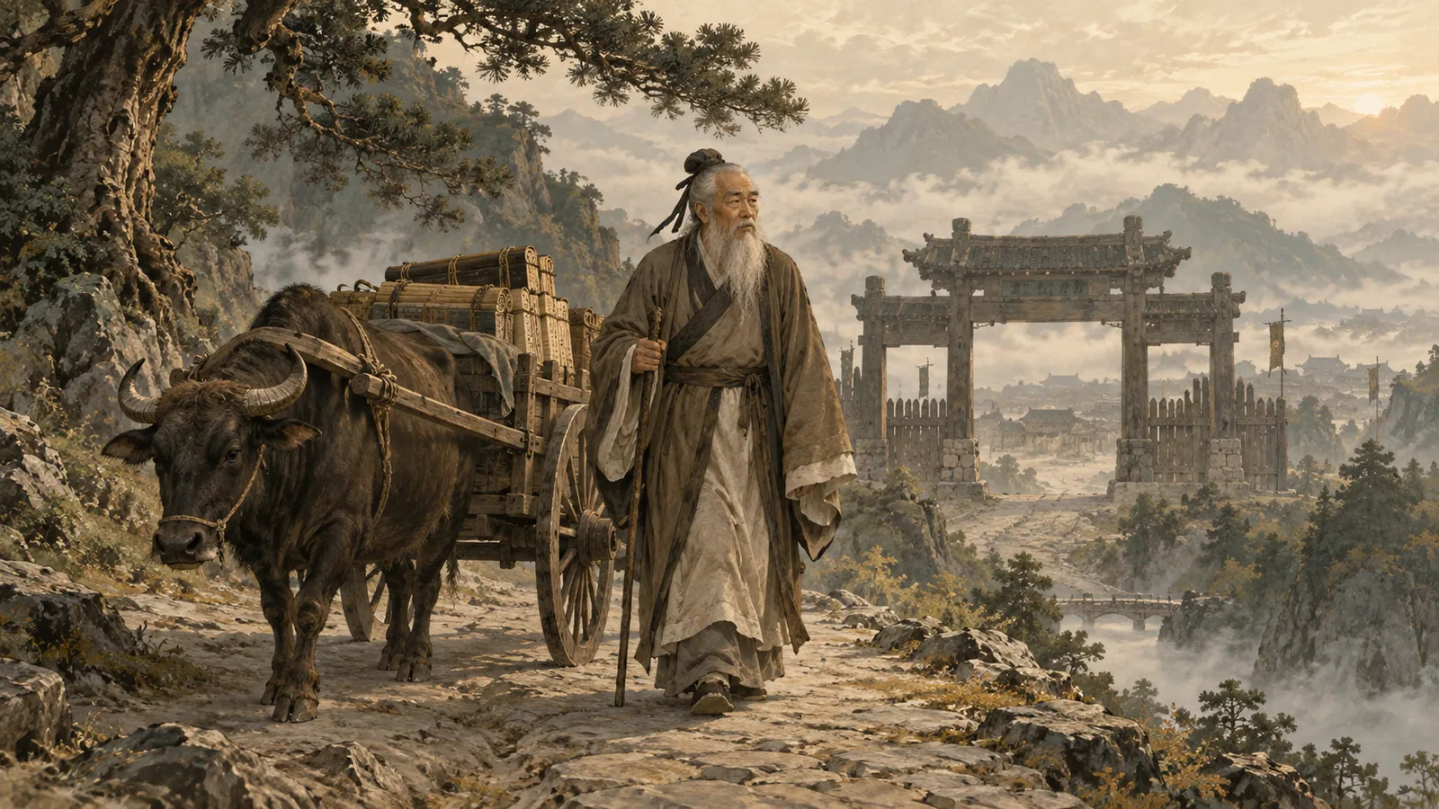 제자들과 함께 오래된 성문 밖의 길을 걷는 공자를 상상한 일러스트