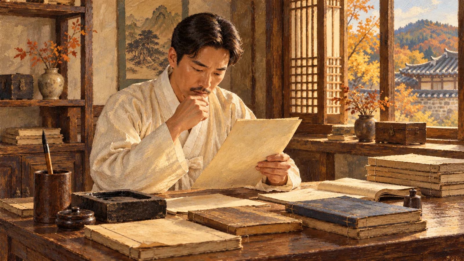근대의 한글 연구자를 상징하는 인물이 책과 붓이 놓인 목제 책상에서 종이를 살펴보는 모습