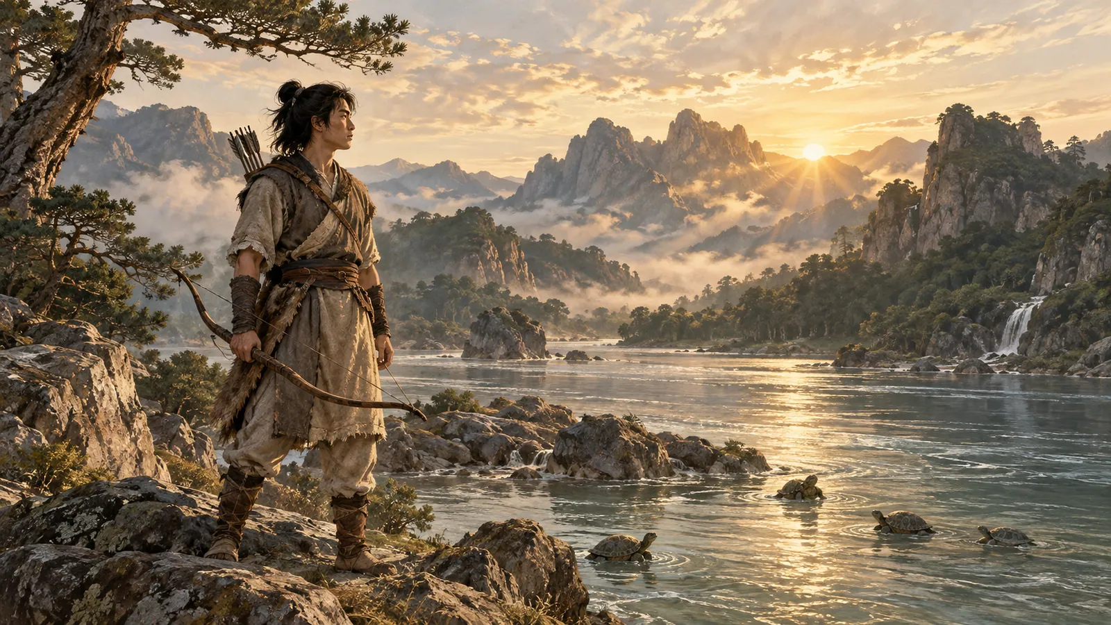 고구려 건국 신화를 상징하는 강가에서 활을 든 젊은 인물과 새벽 햇빛