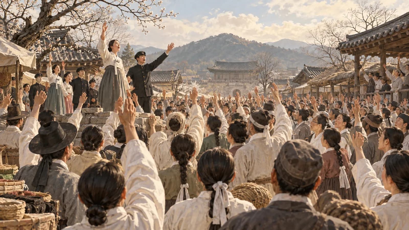 1919년 이른 봄 한국의 장터에서 평화적으로 모여 만세를 외치는 사람들