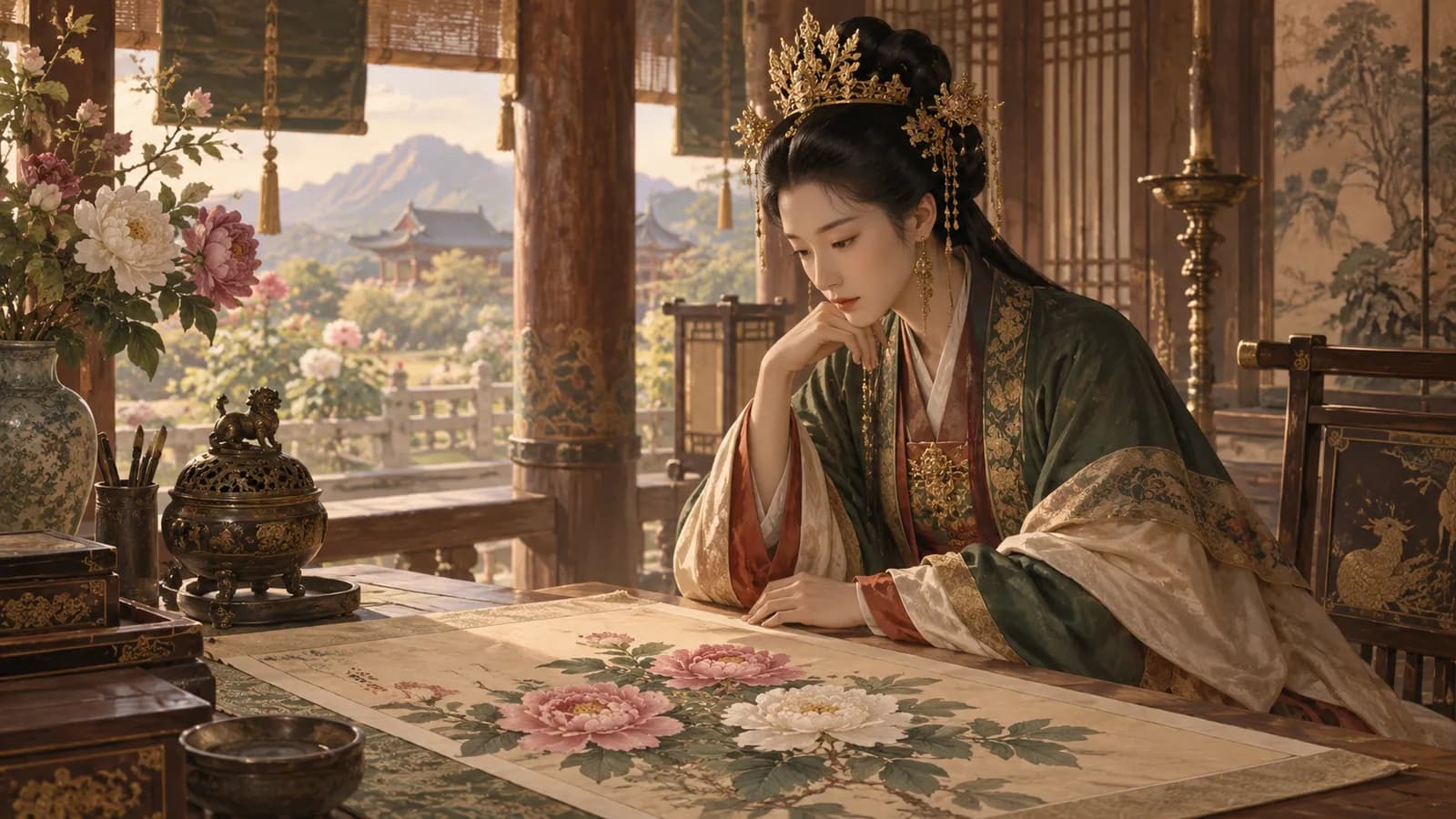 신라 궁궐의 단정한 여왕이 글자 없는 모란 그림을 살펴보는 상징적 장면